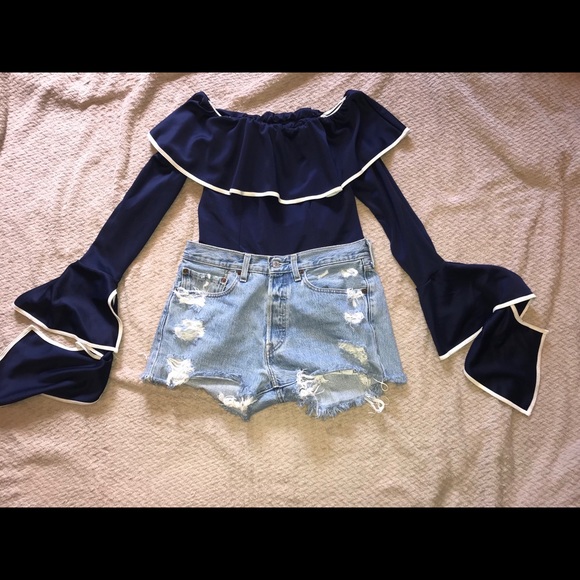 Tops - Navy Blue Bell Sleeve Top with Detachable Sleeves!